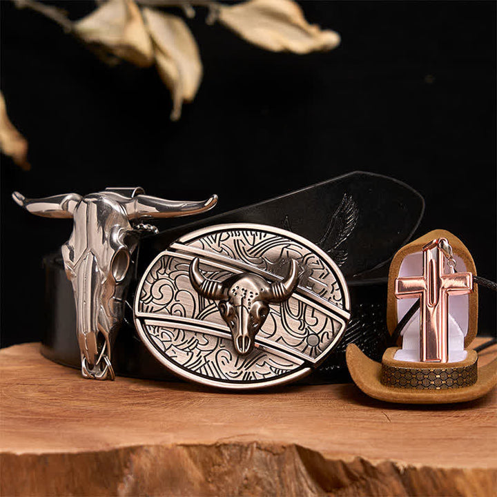 Set di collana con croce e fibbia per cintura con coltello nascosto fai da te in argento antico - Testa di toro d'argento - Cintura con aquila in rilievo nera - 42 - image 3