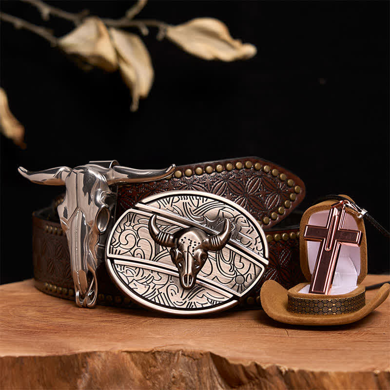 Set di collana con croce e fibbia per cintura con coltello nascosto fai da te in argento antico - Testa di toro d'argento - Cintura con rivetti marroni - 42 - image 6