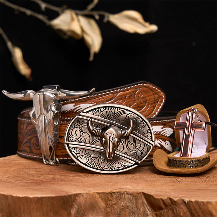 Set di collana con croce e fibbia per cintura con coltello nascosto fai da te in argento antico - Testa di toro d'argento - Cintura di piume marroni - 40 - image 0