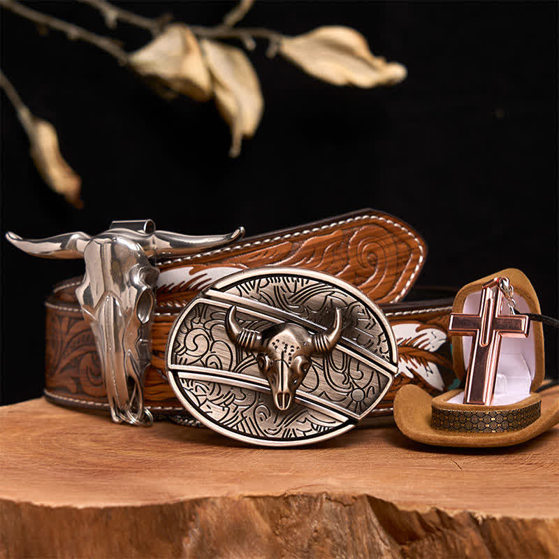 Set di collana con croce e fibbia per cintura con coltello nascosto fai da te in argento antico - Testa di toro d'argento - Cintura di piume marroni - 40 - image 1