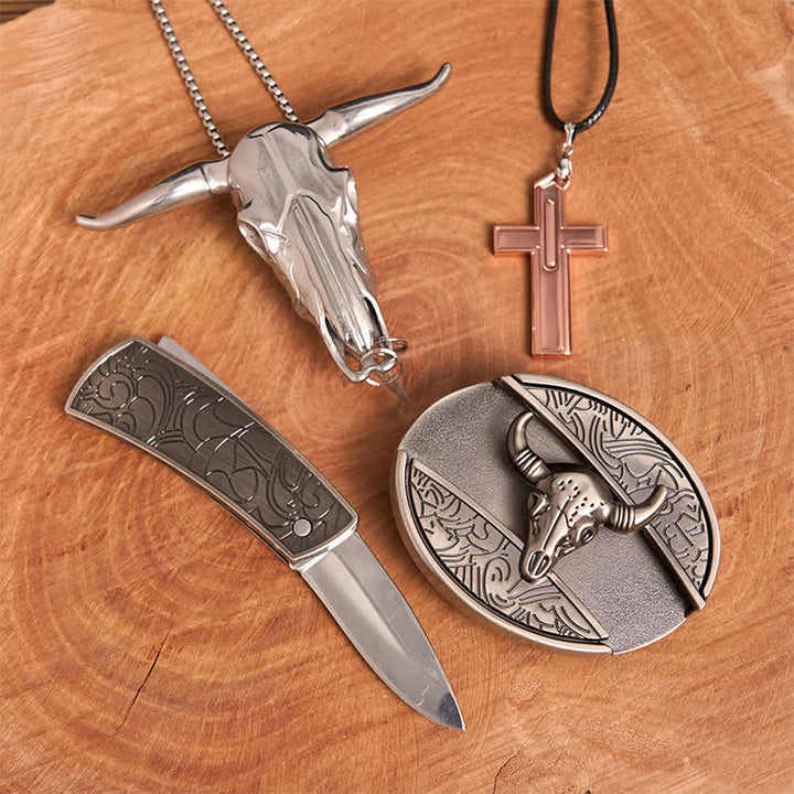 Set di collana con croce e fibbia per cintura con coltello nascosto fai da te in argento antico - image 3