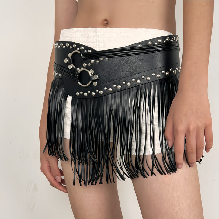 Cintura corsetto in pelle con nappe da donna in stile hippie da cowboy occidentale - Cinturino con nappa nera - image 4