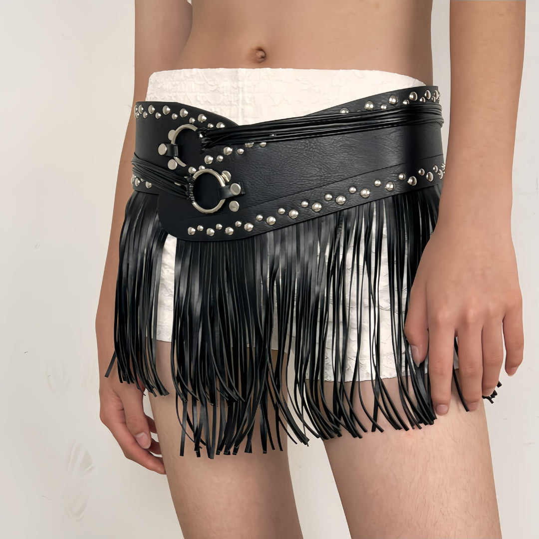 Cintura corsetto in pelle con nappe da donna in stile hippie da cowboy occidentale - Cinturino con nappa nera - image 3