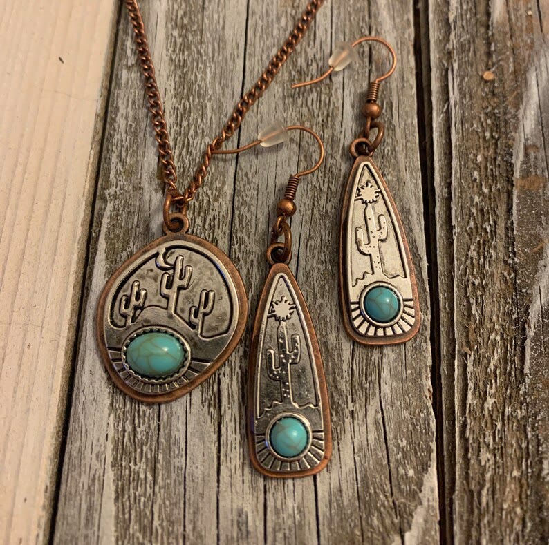 Collana con orecchini vintage a forma di cactus rotondo con goccia d'acqua e turchese - Rame rosso antico - image 2
