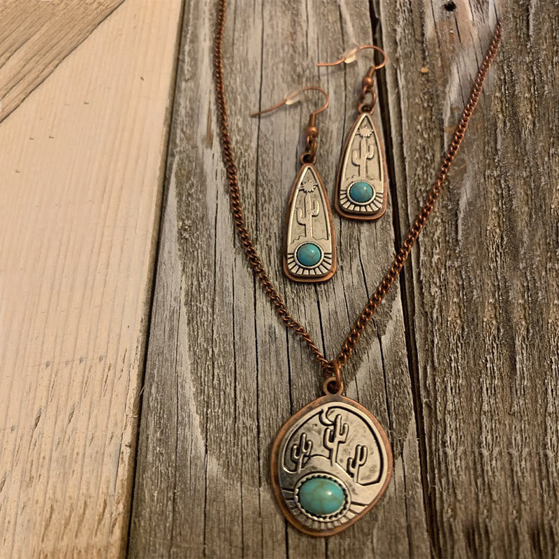 Collana con orecchini vintage a forma di cactus rotondo con goccia d'acqua e turchese - image 1