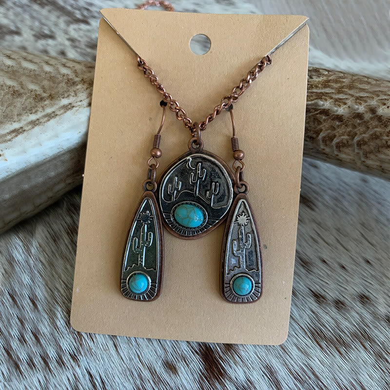 Collana con orecchini vintage a forma di cactus rotondo con goccia d'acqua e turchese - image 2