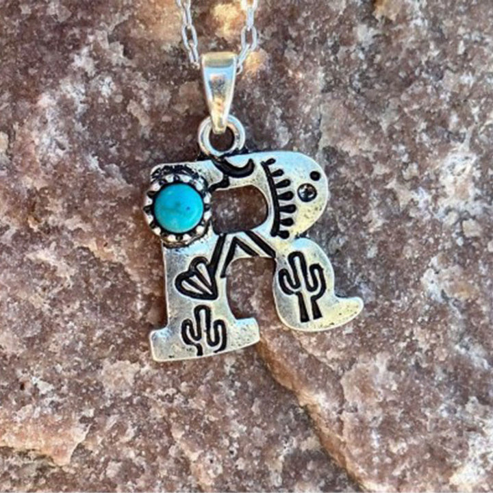 Collana unisex in metallo con lettera turchese retrò - R - image 15