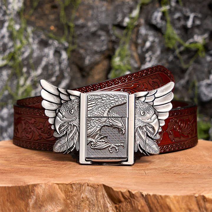 Cintura in pelle fai da te da uomo con aquila volante in argento e accendino nascosto - Aquila in volo - Cintura marrone intagliata - 42 - image 10