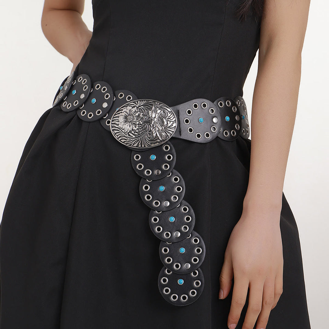 Cintura da donna in pelle con intarsi di diamanti blu scavati rotondi - image 2