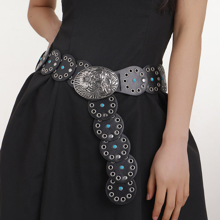 Cintura da donna in pelle con intarsi di diamanti blu scavati rotondi - image 2