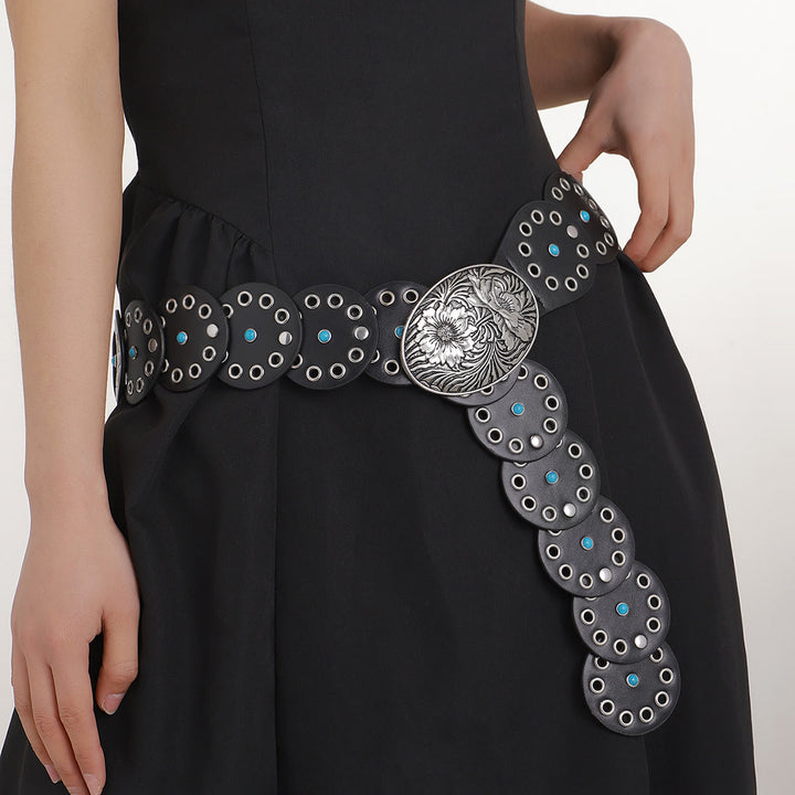 Cintura da donna in pelle con intarsi di diamanti blu scavati rotondi - Nero - image 1