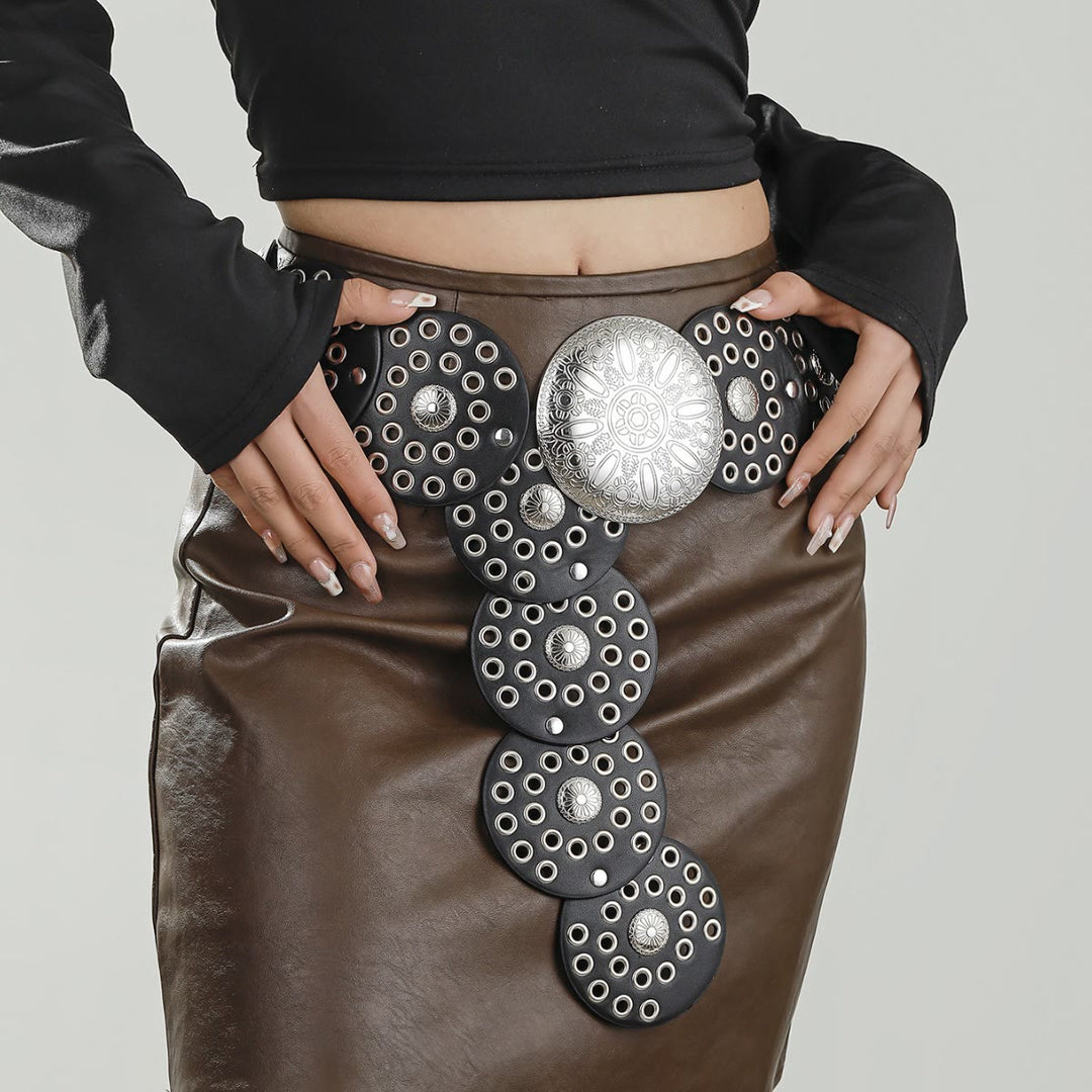 Cintura da donna in pelle con design retrò rotondo e cavo - Nero - image 1