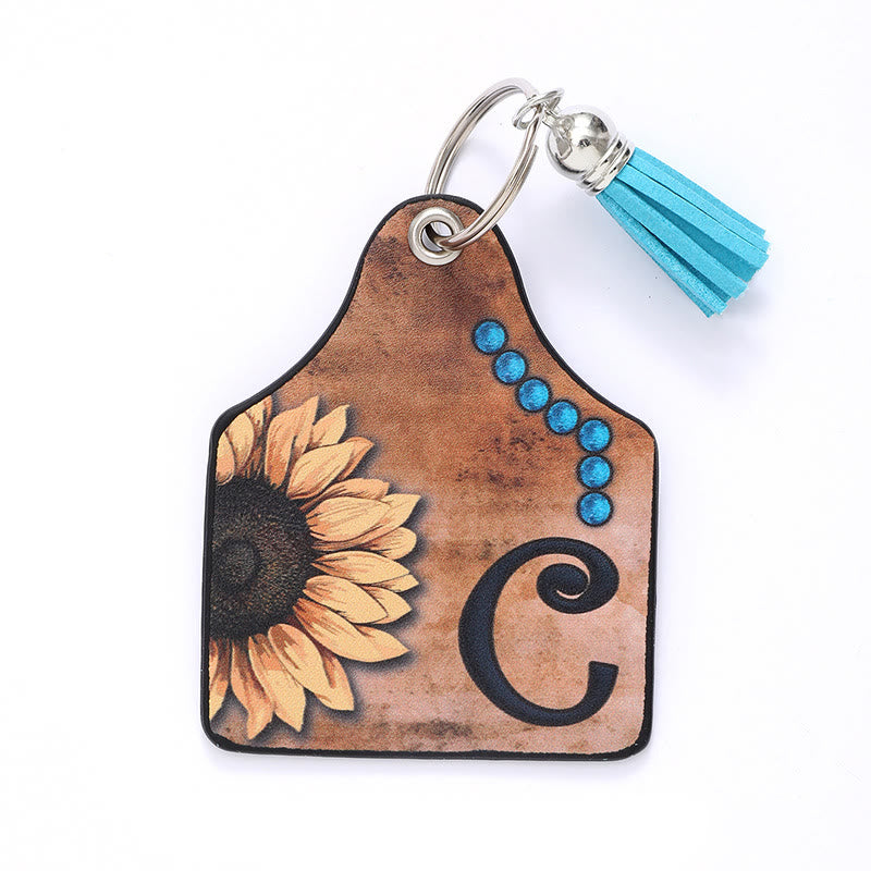 Portachiavi in pelle con nappa a forma di girasole e lettera in stile occidentale - C - image 4