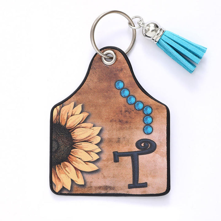Portachiavi in pelle con nappa a forma di girasole e lettera in stile occidentale - T - image 22