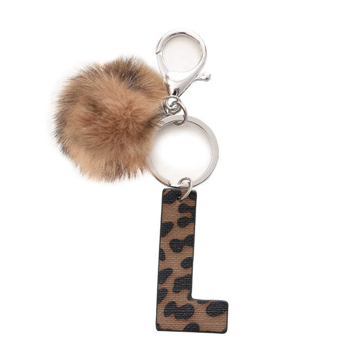 Portachiavi in pelle con lettera stampata leopardata in stile western e palla di peluche - L - image 14