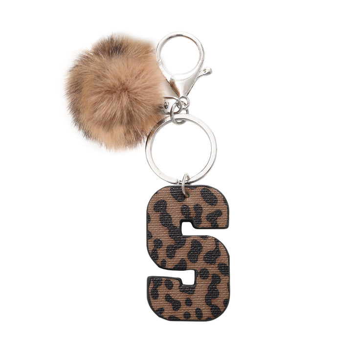 Portachiavi in pelle con lettera stampata leopardata in stile western e palla di peluche - S - image 21