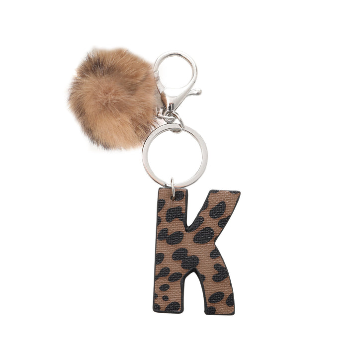 Portachiavi in pelle con lettera stampata leopardata in stile western e palla di peluche - K - image 12