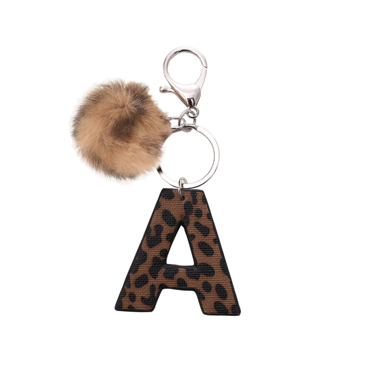 Portachiavi in pelle con lettera stampata leopardata in stile western e palla di peluche - A - image 3