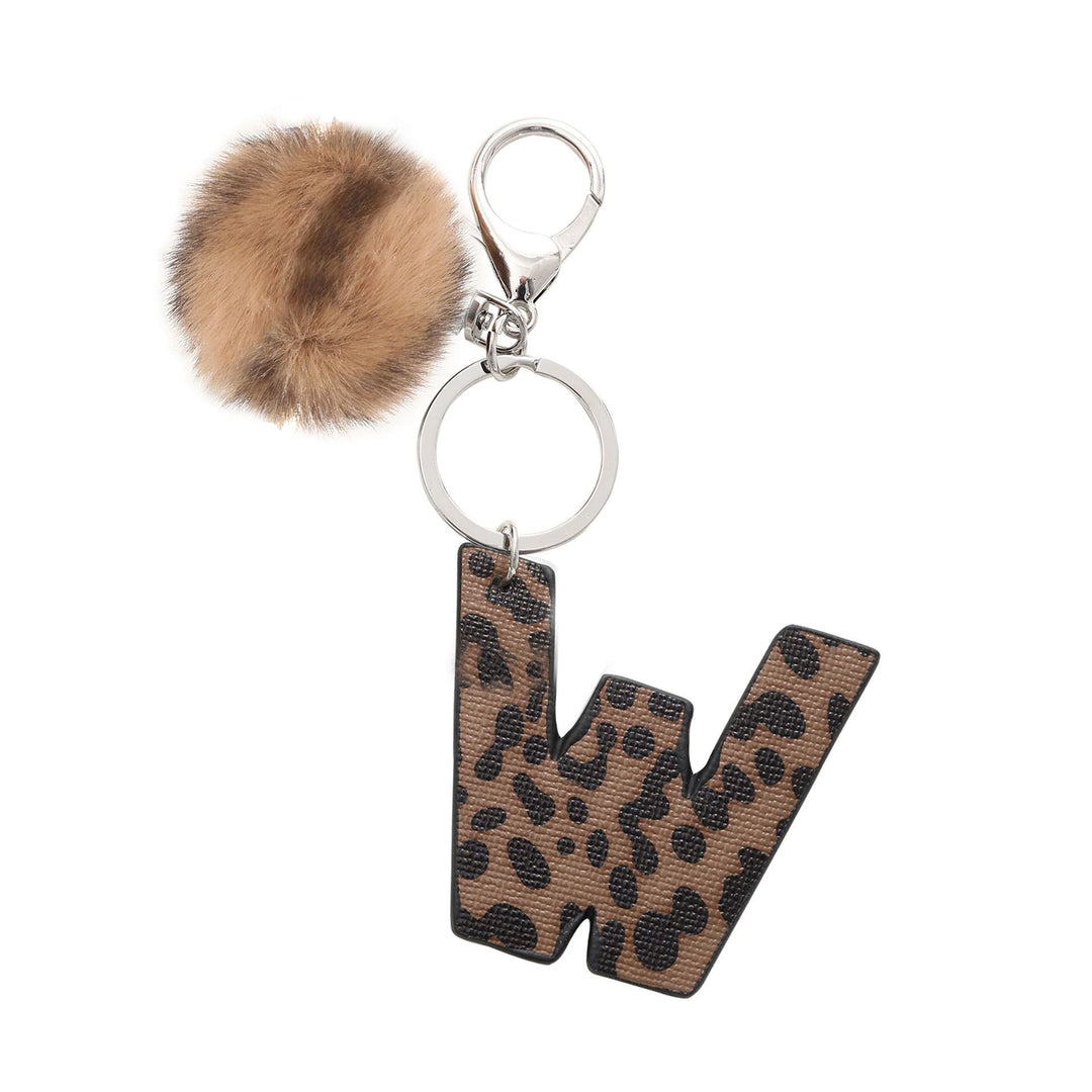 Portachiavi in pelle con lettera stampata leopardata in stile western e palla di peluche - W - image 24