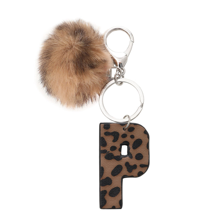 Portachiavi in pelle con lettera stampata leopardata in stile western e palla di peluche - P - image 18
