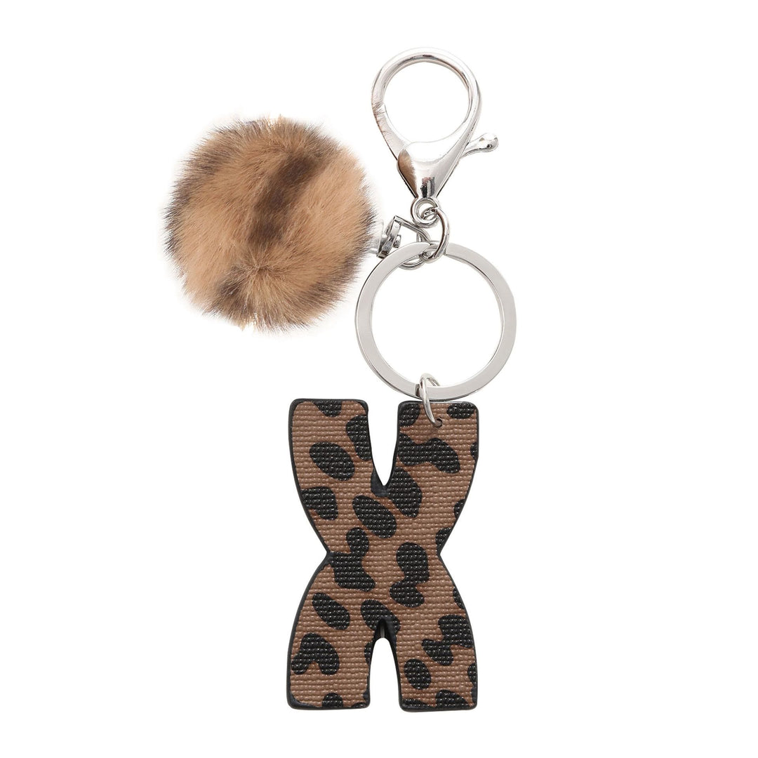 Portachiavi in pelle con lettera stampata leopardata in stile western e palla di peluche - X - image 26