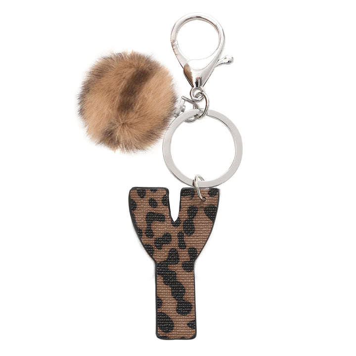 Portachiavi in pelle con lettera stampata leopardata in stile western e palla di peluche - Y - image 26