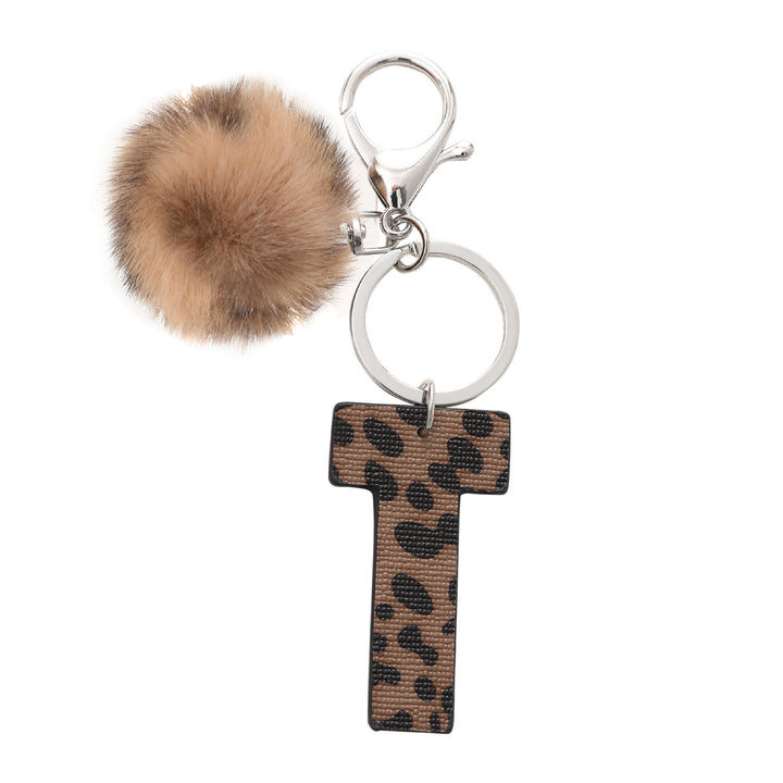 Portachiavi in pelle con lettera stampata leopardata in stile western e palla di peluche - T - image 21