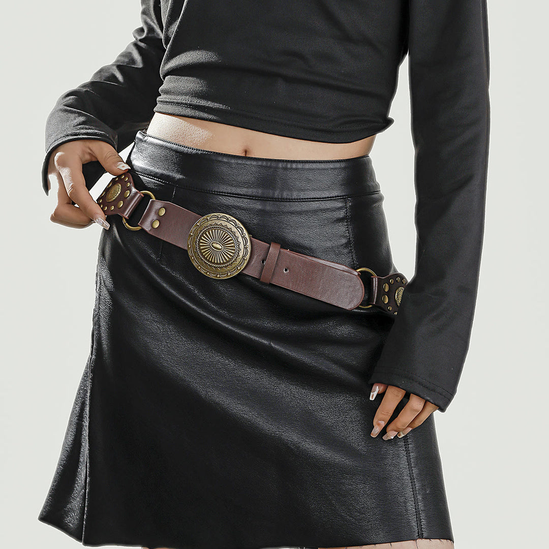Cintura da donna in pelle con anello circolare traforato, stile retrò da strada - Marrone - image 5
