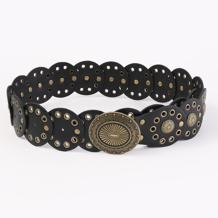 Cintura da donna in pelle nera con cuciture rotonde personalizzate in stile western retrò - image 3