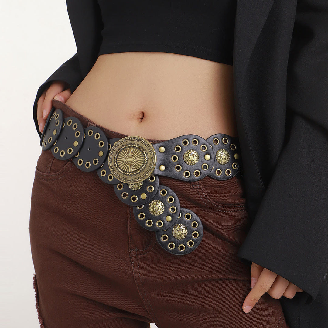 Cintura da donna in pelle nera con cuciture rotonde personalizzate in stile western retrò - Nero - image 1