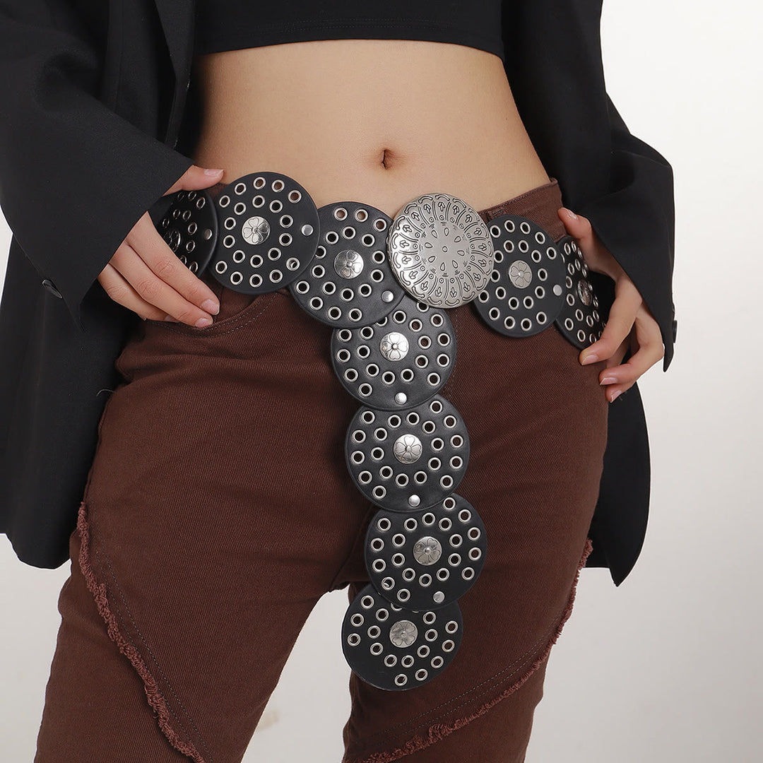 Cintura da donna in pelle con disco in argento cavo in stile western - Nero - image 1