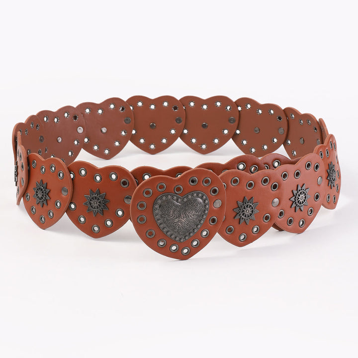 Cintura da donna in pelle con motivo a cuore di pesca in stile western color caramello - image 3