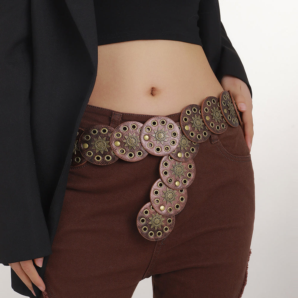 Cintura da donna in pelle circolare con motivo retrò color caffè - image 2