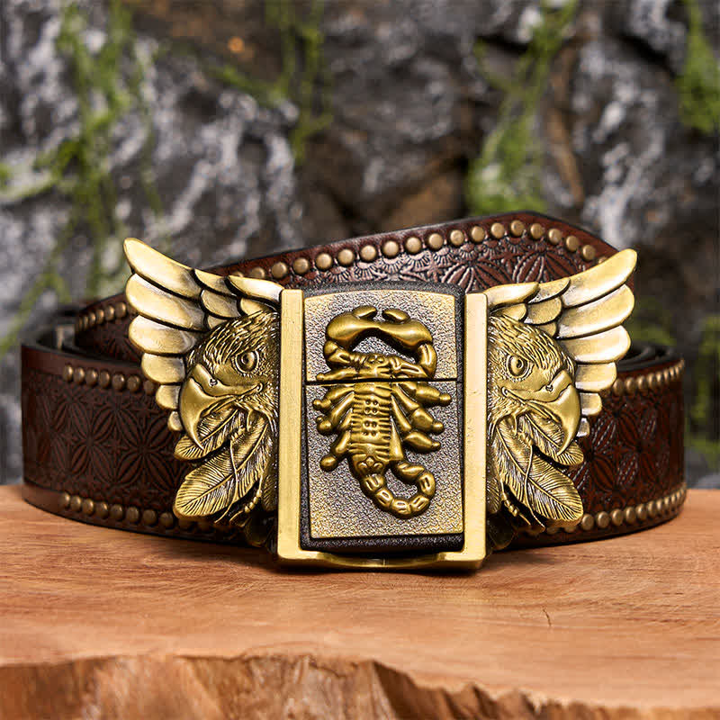 Cintura da uomo fai da te in bronzo con aquila e scoiattolo, in pelle, con accendino nascosto - Scopione e Aquila - Cintura con rivetti marroni - 42 - image 7