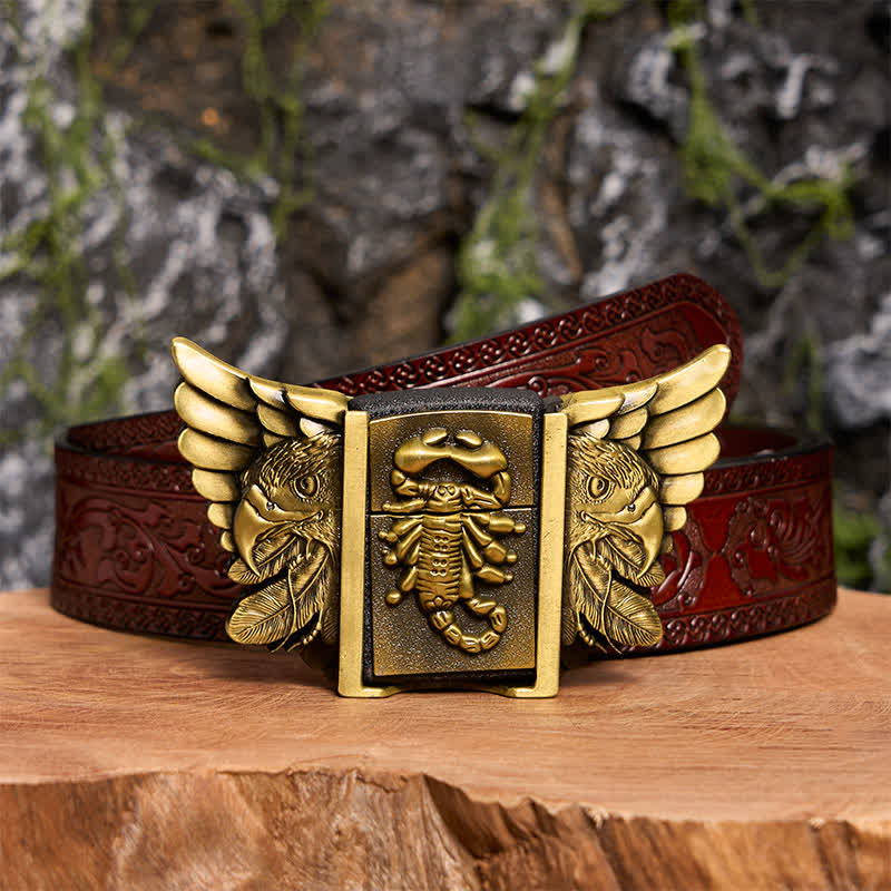 Cintura da uomo fai da te in bronzo con aquila e scoiattolo, in pelle, con accendino nascosto - Scopione e Aquila - Cintura marrone intagliata - 42 - image 10
