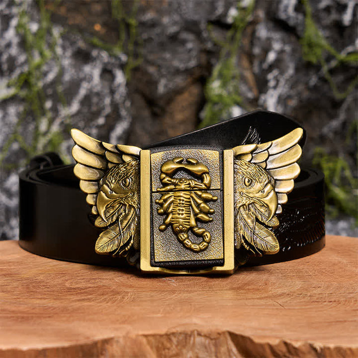 Cintura da uomo fai da te in bronzo con aquila e scoiattolo, in pelle, con accendino nascosto - Scopione e Aquila - Cintura con aquila in rilievo nera - 42 - image 3