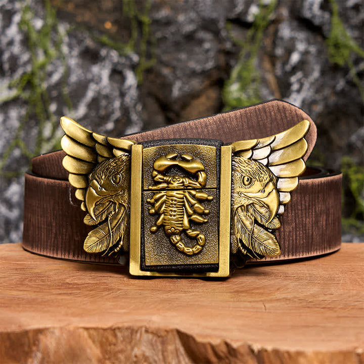 Cintura da uomo fai da te in bronzo con aquila e scoiattolo, in pelle, con accendino nascosto - Scopione e Aquila - Cintura marrone anticata - 42 - image 9