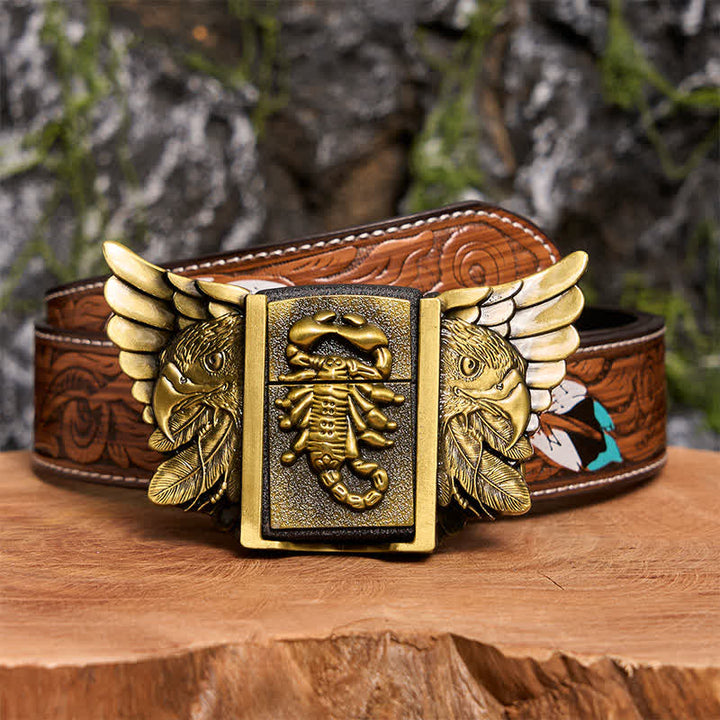 Cintura da uomo fai da te in bronzo con aquila e scoiattolo, in pelle, con accendino nascosto - Scopione e Aquila - Cintura di piume marroni - 40 - image 11
