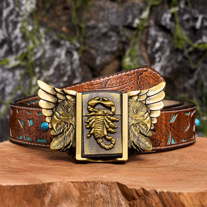 Cintura da uomo fai da te in bronzo con aquila e scoiattolo, in pelle, con accendino nascosto - Scopione e Aquila - Cintura intagliata turchese - 42 - image 7