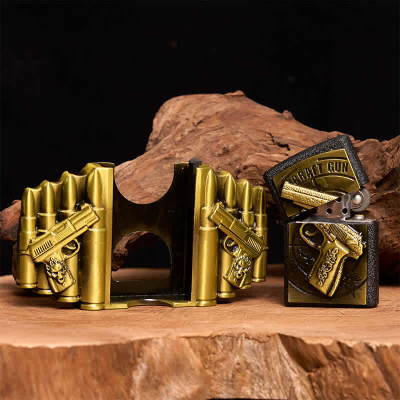 Cintura in pelle da uomo fai da te con motivo a pistola e proiettile in bronzo e accendino nascosto - image 2