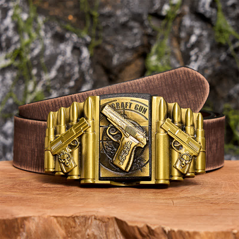 Cintura in pelle da uomo fai da te con motivo a pistola e proiettile in bronzo e accendino nascosto - Pistola - Cintura marrone anticata - 42 - image 9