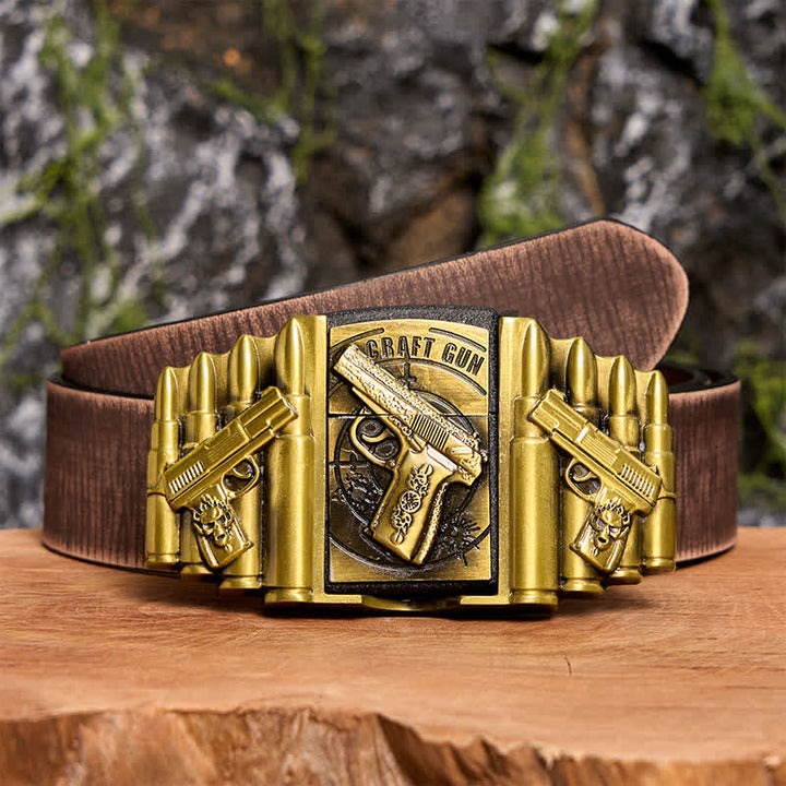 Cintura in pelle da uomo fai da te con motivo a pistola e proiettile in bronzo e accendino nascosto - Pistola - Cintura marrone anticata - 42 - image 9
