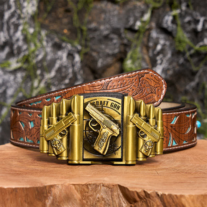 Cintura in pelle da uomo fai da te con motivo a pistola e proiettile in bronzo e accendino nascosto - Pistola - Cintura intagliata turchese - 42 - image 7
