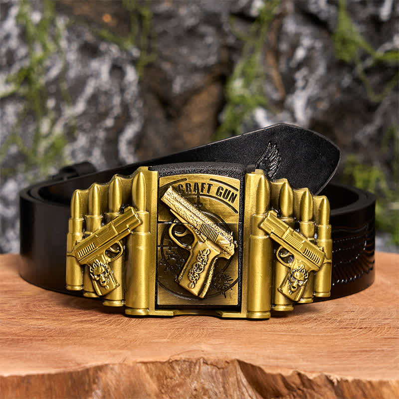 Cintura in pelle da uomo fai da te con motivo a pistola e proiettile in bronzo e accendino nascosto - Pistola - Cintura con aquila in rilievo nera - 42 - image 3
