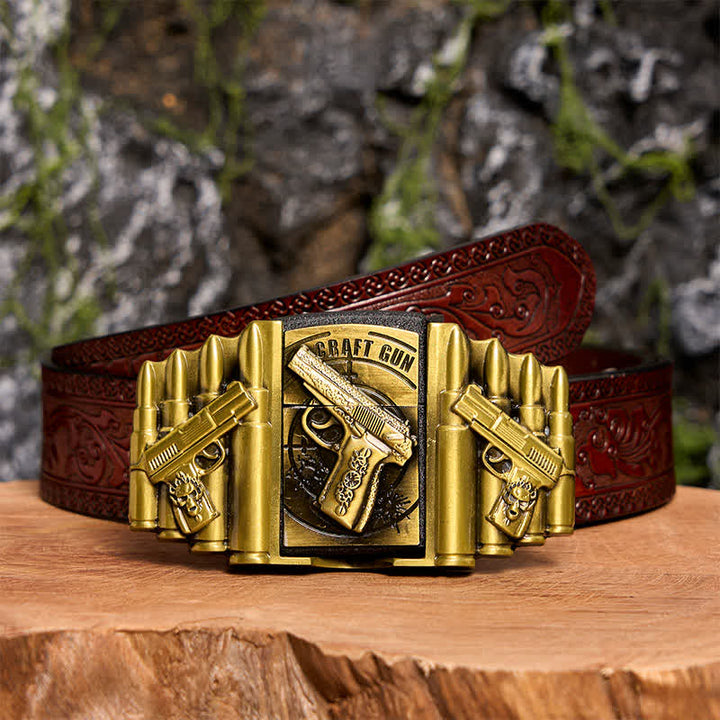 Cintura in pelle da uomo fai da te con motivo a pistola e proiettile in bronzo e accendino nascosto - Pistola - Cintura marrone intagliata - 42 - image 10