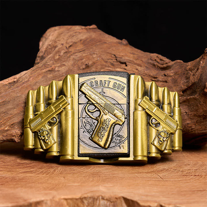 Cintura in pelle da uomo fai da te con motivo a pistola e proiettile in bronzo e accendino nascosto - Pistola - Senza cintura - Cintura non inclusa - image 1