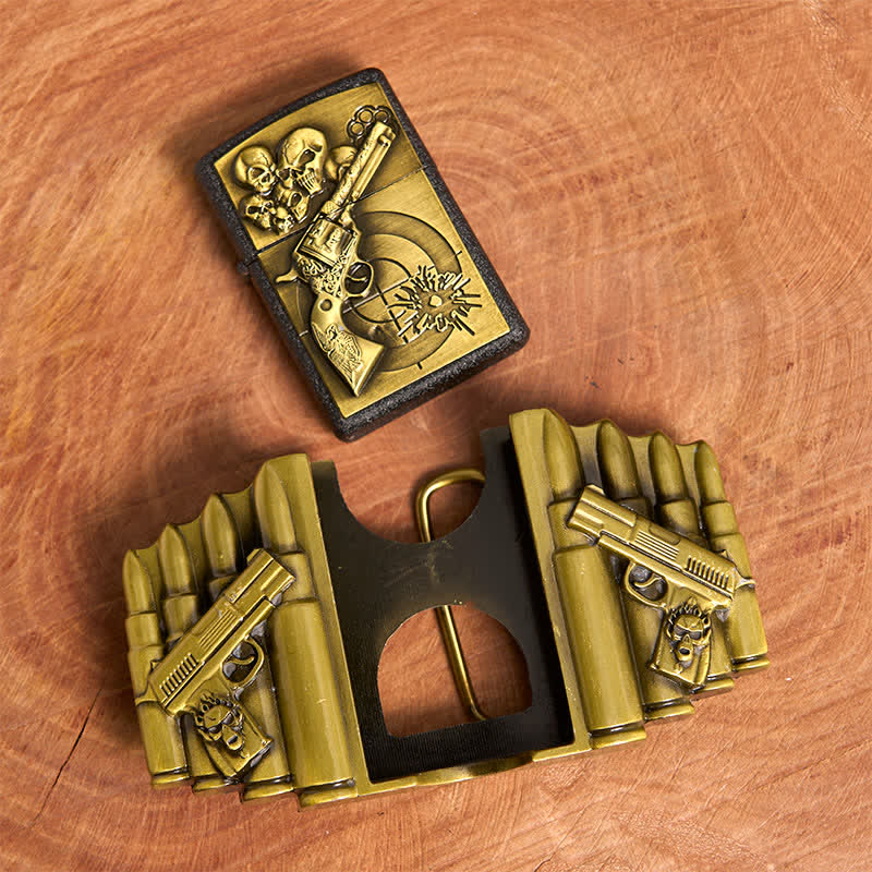 Cintura in pelle da uomo fai da te con motivo a pistola e teschio in bronzo e accendino nascosto - image 4