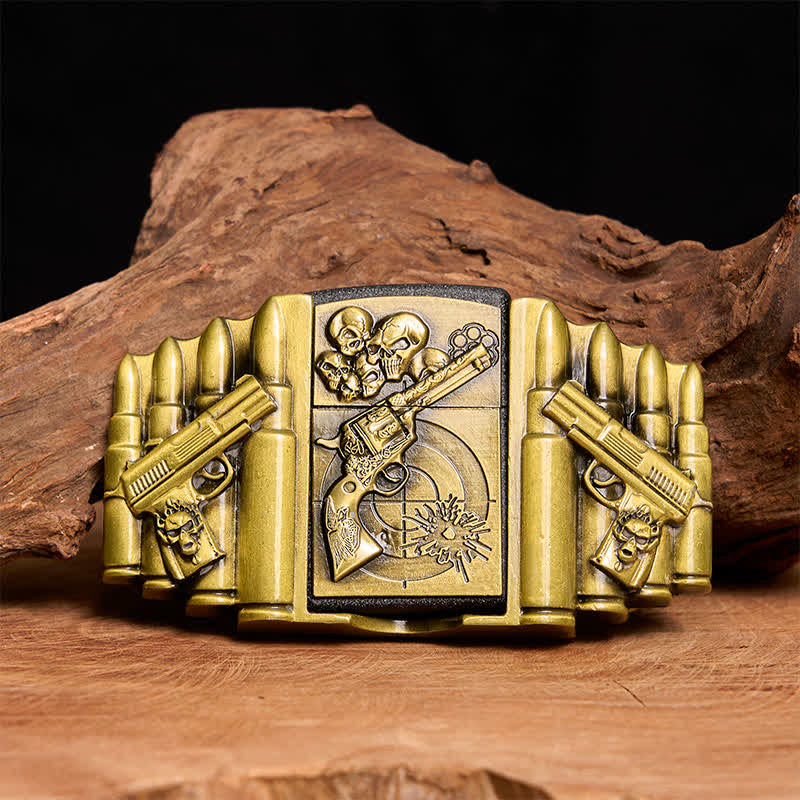 Cintura in pelle da uomo fai da te con motivo a pistola e teschio in bronzo e accendino nascosto - Pistola e teschio - Senza cintura - Cintura non inclusa - image 1