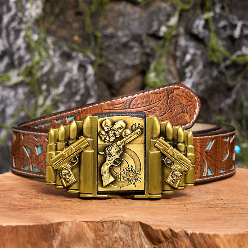 Cintura in pelle da uomo fai da te con motivo a pistola e teschio in bronzo e accendino nascosto - Pistola e teschio - Cintura intagliata turchese - 42 - image 7