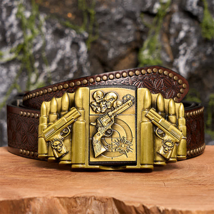 Cintura in pelle da uomo fai da te con motivo a pistola e teschio in bronzo e accendino nascosto - Pistola e teschio - Cintura con rivetti marroni - 42 - image 8